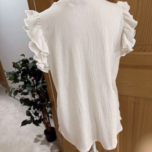 Anthropologie THML Women’s White Joselyn Top Small Ruffle Cap Sleeves Stretch - Picture 3 of 14